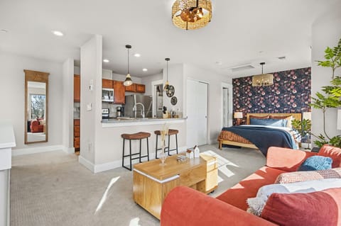 Your stylish open-plan studio blends comfort with modern design, featuring a cozy living area and bedroom space bathed in natural light.