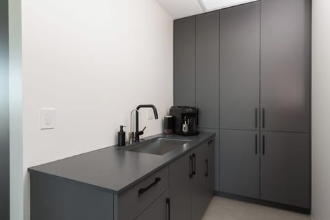 Butler pantry has a second sink and automatic espresso machine.