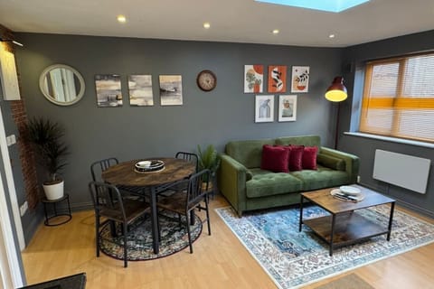 Dining and sitting area with soft lighting