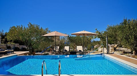 The large, no-chlorine private swimming pool is surrounded by olive trees and sun loungers, providing a tranquil and refreshing escape under a clear blue sky.