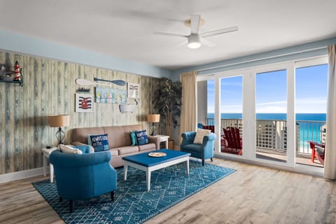 Relax in this coastal living room with ocean views and comfortable seating.