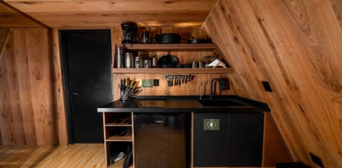 Mini-fridge, cookware/dishes/utensils