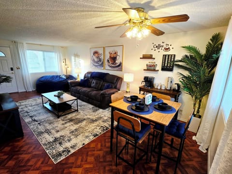 Cozy up on the couch for a movie, or jump into the giant beanbag!