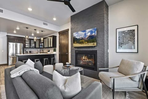 Living area is fully furnished and comes with a fireplace and smart TV.