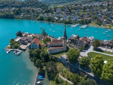 Aerial view of beautiful Spiez Bay with crystal-clear Lake Thun and the historic castle.
