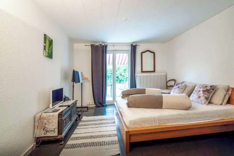 Bright king bedroom with TV and natural light