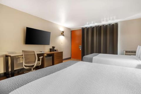 Two beds with TV, desk, and orange entry door in bright room