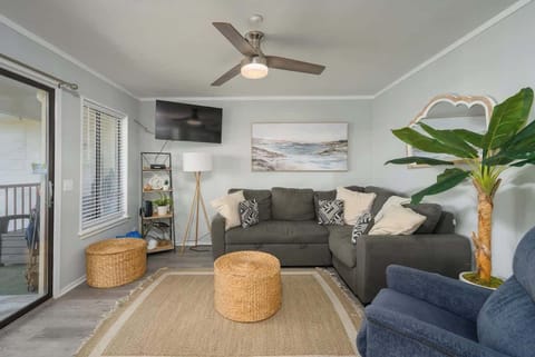 Features a large, dark gray sectional sofa, a cozy blue recliner, and a secondary gray armchair. 