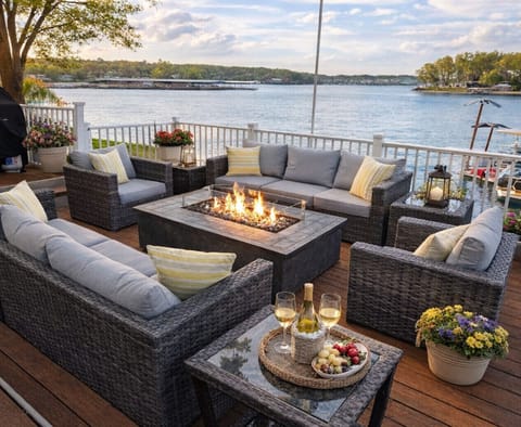 Lakefront luxury retreat with private deck, cozy fire pit, and stunning waterfront views—perfect for relaxing getaways and sunset evenings.