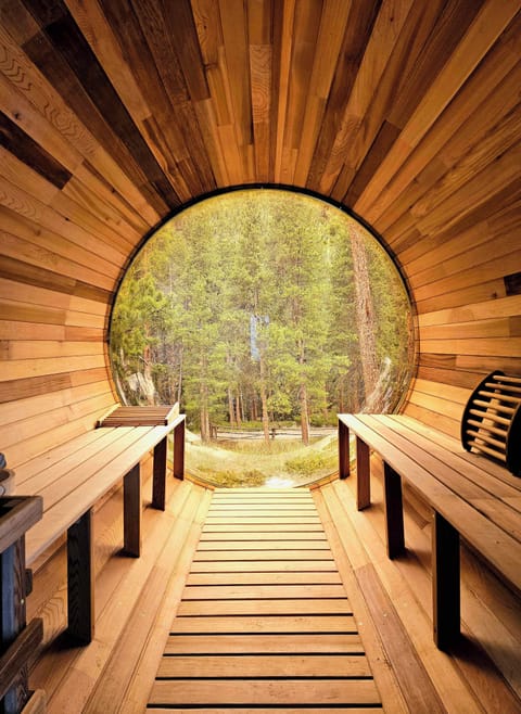 8 Person Bubble Sauna with steam option.  Views of the river and mountain range behind the home.