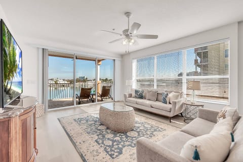 Living room with a clear view of the water
