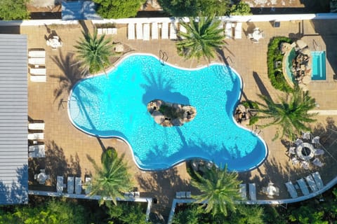 Stunning aerial view of the resort's uniquely shaped pool surrounded by palm trees and sun loungers.