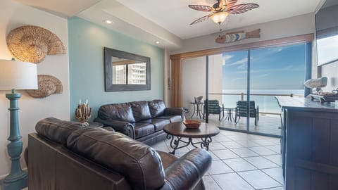 Living room with leather seating