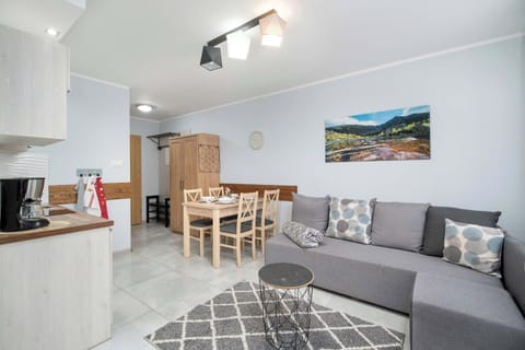 A modern open-plan living room with a gray sofa and dining table next to a compact kitchen. Bright lighting and simple decor create a cozy and welcoming feel.