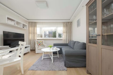 A bright, open-plan living area is visible, featuring a grey sofa and a low white coffee table. Built-in shelving and cabinets line the wall, suggesting efficient storage solutions.