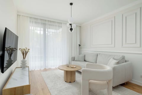 Modern, bright living room interiors with a comfortable sofa and flat-screen TV.