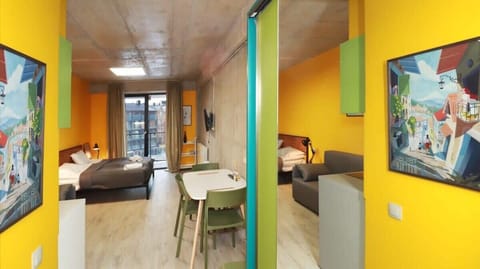 A cheerful entrance decorated in vibrant green and bright yellow!