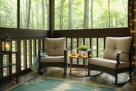 Coffee on the enclosed porch while watching deer.