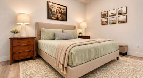 Bedroom with comfortable King bed, TV and closet. 