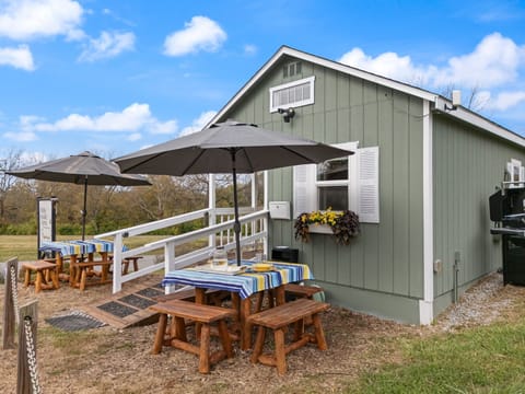 Picnic tables come with tablecloths and umbrellas 