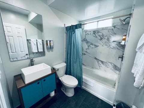 Bathtub, hair dryer, towels