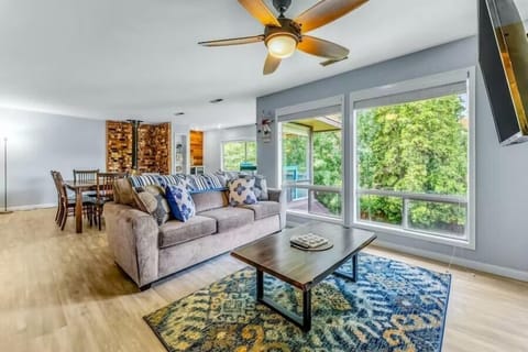 Living room couch with queen sized sofa bed.