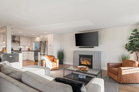 Unit 1: Bright open living room with fireplace, TV, and sofa.