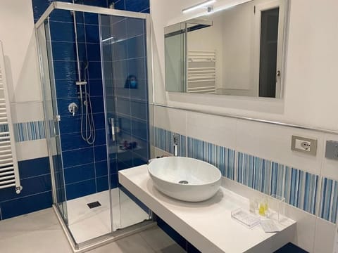 Shower, hair dryer, towels, toilet paper