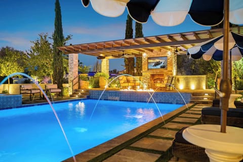 Covered patio with pool views