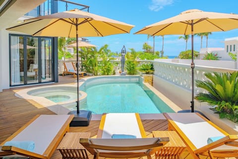 Sunny poolside patio