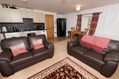 Open-plan living and dining area with a well-equipped kitchen