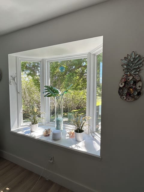 Kithen windowseat overlooking lagoon and firepit