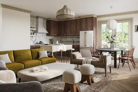 Modern open concept living room, dining area, and gourmet kitchen.