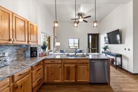 Lower level, spacious, open concept kitchen with lake views