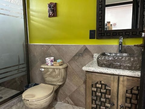 Shower, rainfall showerhead, towels, soap