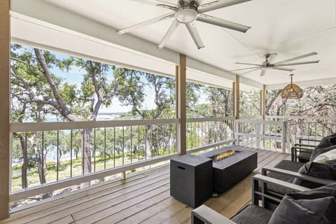 Lake views from the Covered Patio w/gas fire table and Comfy Seating
