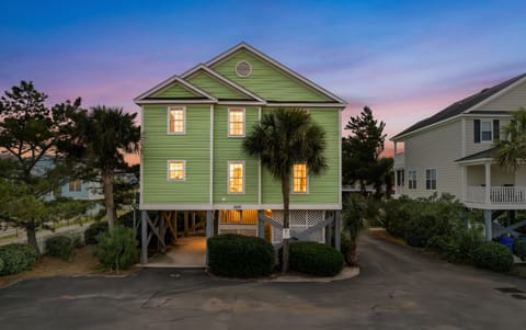 Charming green coastal cottage on stilts surrounded by palm trees under a stunning twilight sky in a peaceful neighborhood setting.