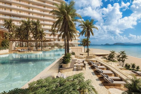 Private beach, white sand, sun loungers, beach umbrellas