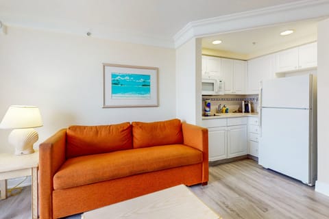Relax in this cozy beachside living space featuring a vibrant sofa and fully equipped kitchenette. Perfect for unwinding after a day on the sand and enjoying your beach stay comfort.