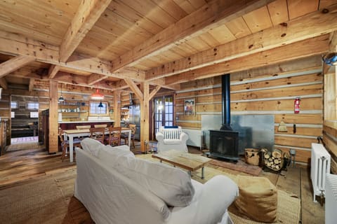 A warm, all-wood cabin living room with comfy sofas, exposed beams, and a glowing wood stove at the center.