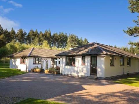 A frontal view of the holiday home complex nestled amongst the trees, highlighting the tranquil location in Tomatin.