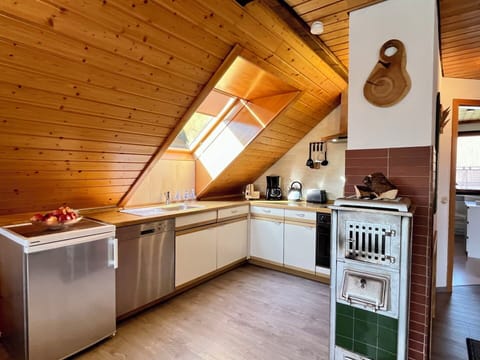 Kitchen, Wood, Furniture, Flooring, Ceiling, Interior Design, Countertop, Major Appliance, Floor, Wood Stain