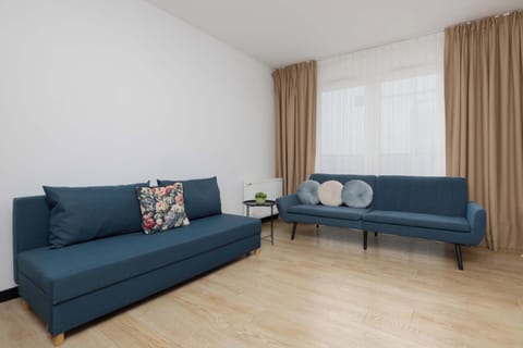 A bright living room featuring a deep blue sofa positioned against a white wall. Light wooden flooring adds warmth to the space. Soft daylight enters through a wide window covered with sheer curtains.