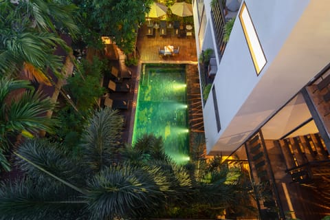 Outdoor pool, pool umbrellas, sun loungers
