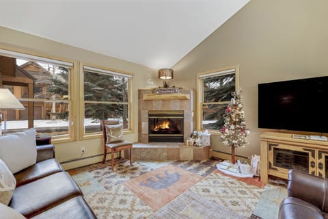 Cozy Living Room with Fireplace, TV, and Tons of Natural Light