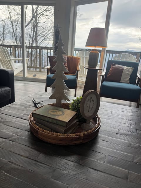 Cozy living area, with fireplace, and long mountain views.