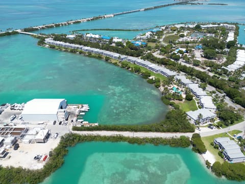 Aerial view of the Villa and its waterfront surroundings.
