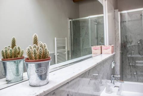 Shower, rainfall showerhead, free toiletries, hair dryer