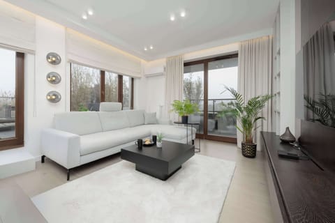 Elegant living room with large windows, soft sofas and plenty of natural light.