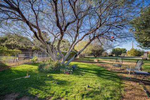 Spacious yard with mature trees and croquet setup, perfect for outdoor activities and relaxation.